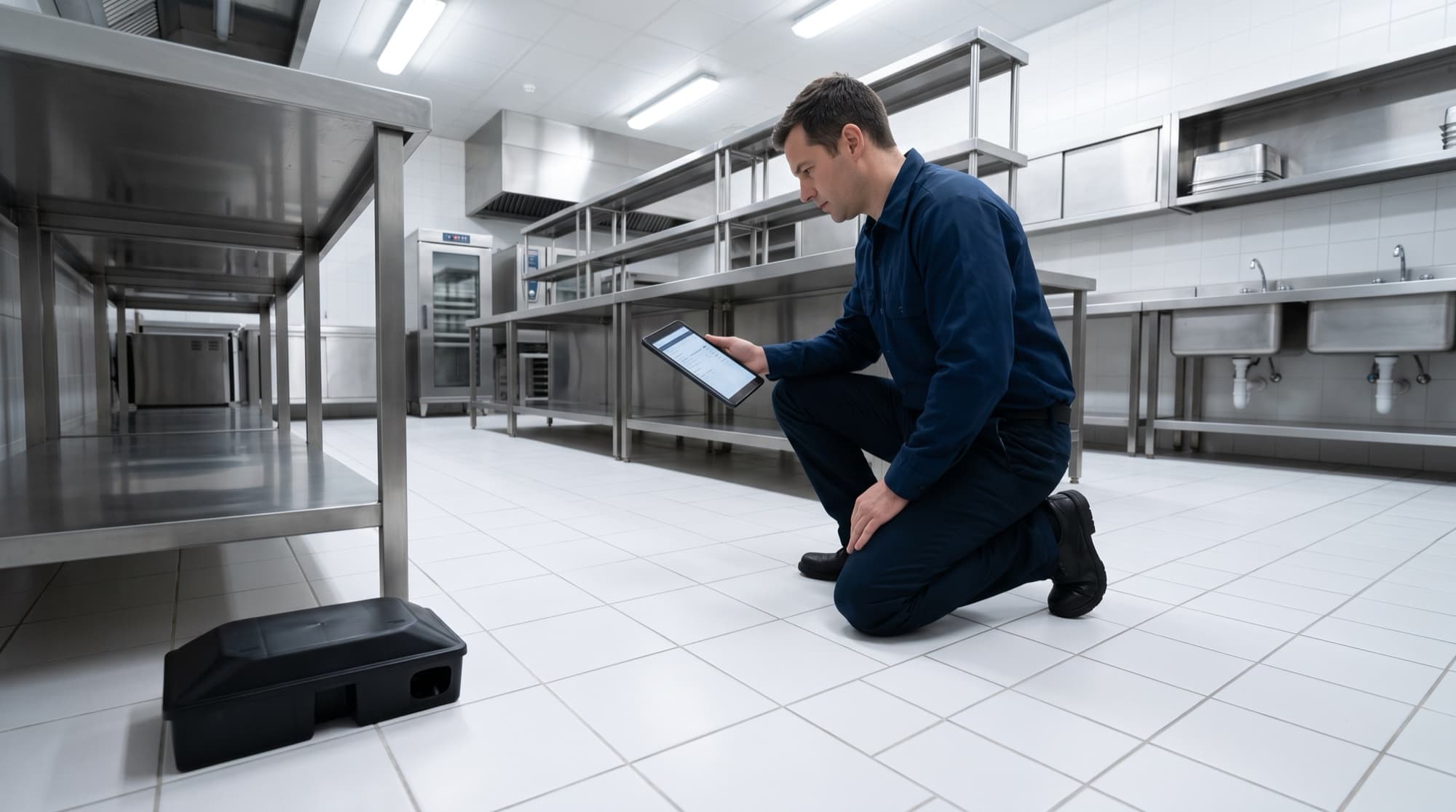 A technician checking a bait station behind a stainless-steel prep line in an empty restaurant kitchen