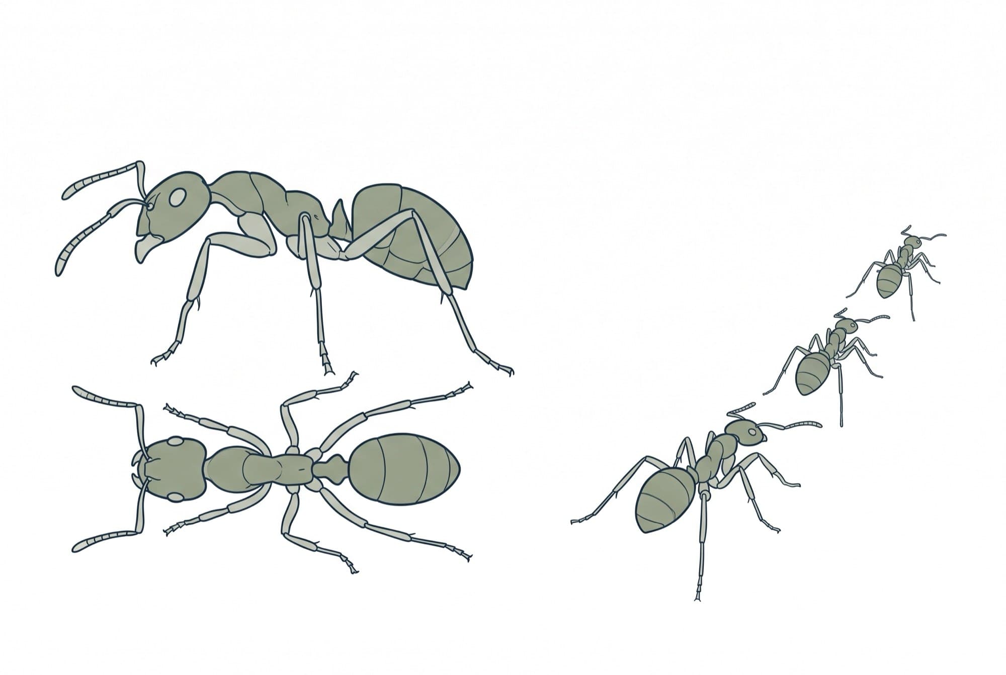 Field-guide drawing of an Argentine ant worker and a short trail of ants
