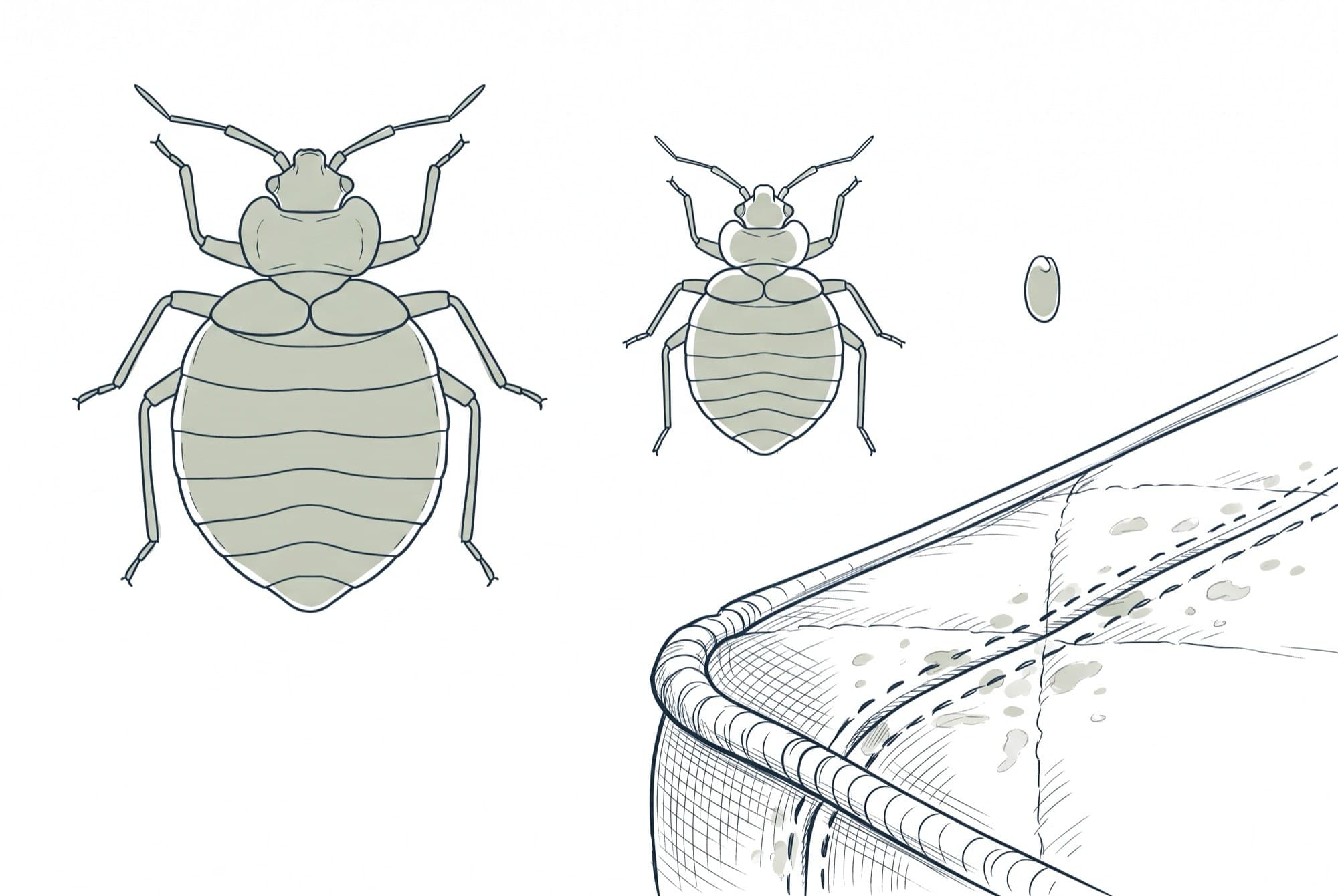 Field-guide drawing of an adult bed bug beside a nymph and an egg, with a mattress seam