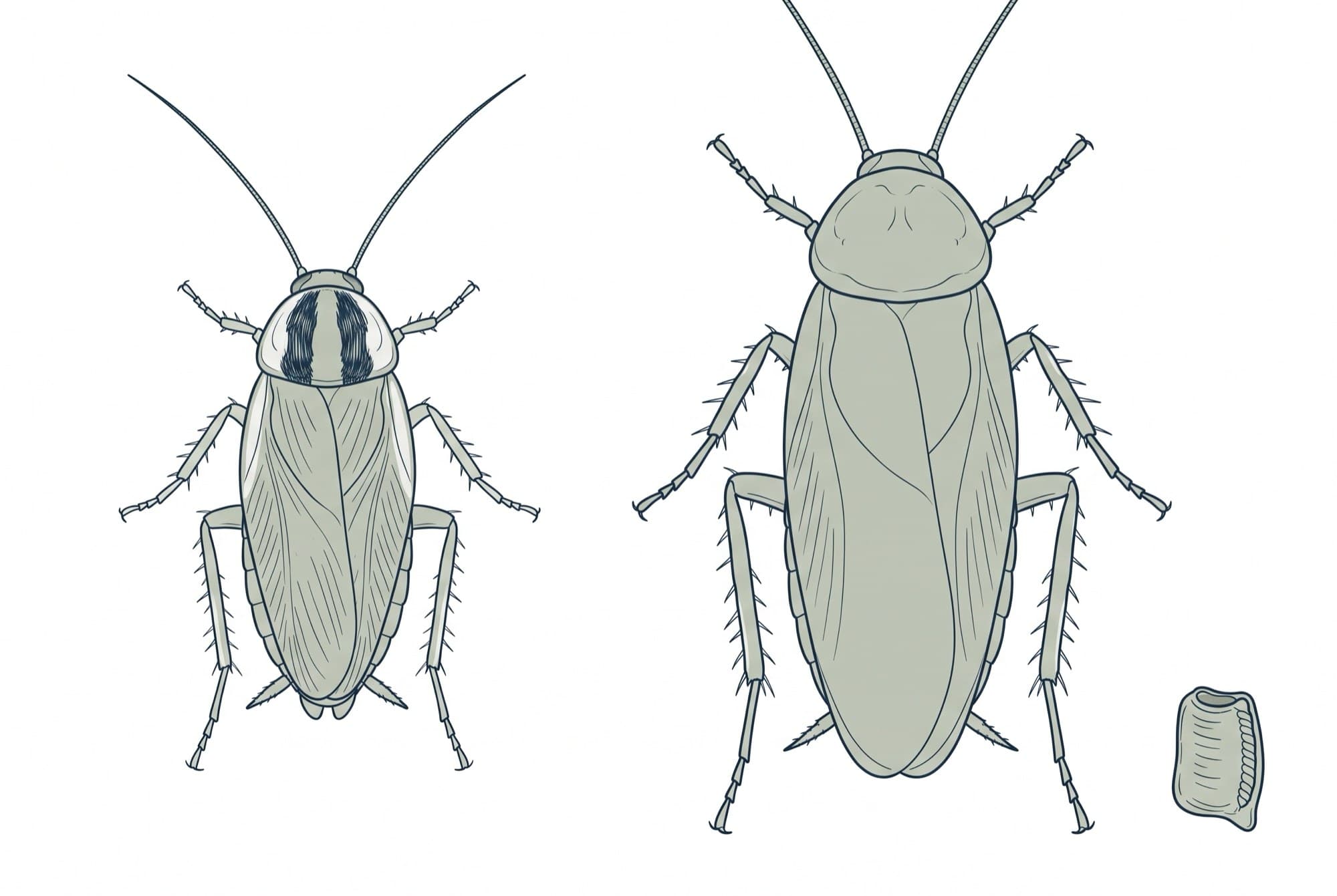 Field-guide drawing of a German cockroach beside an American cockroach at relative scale, with an egg case