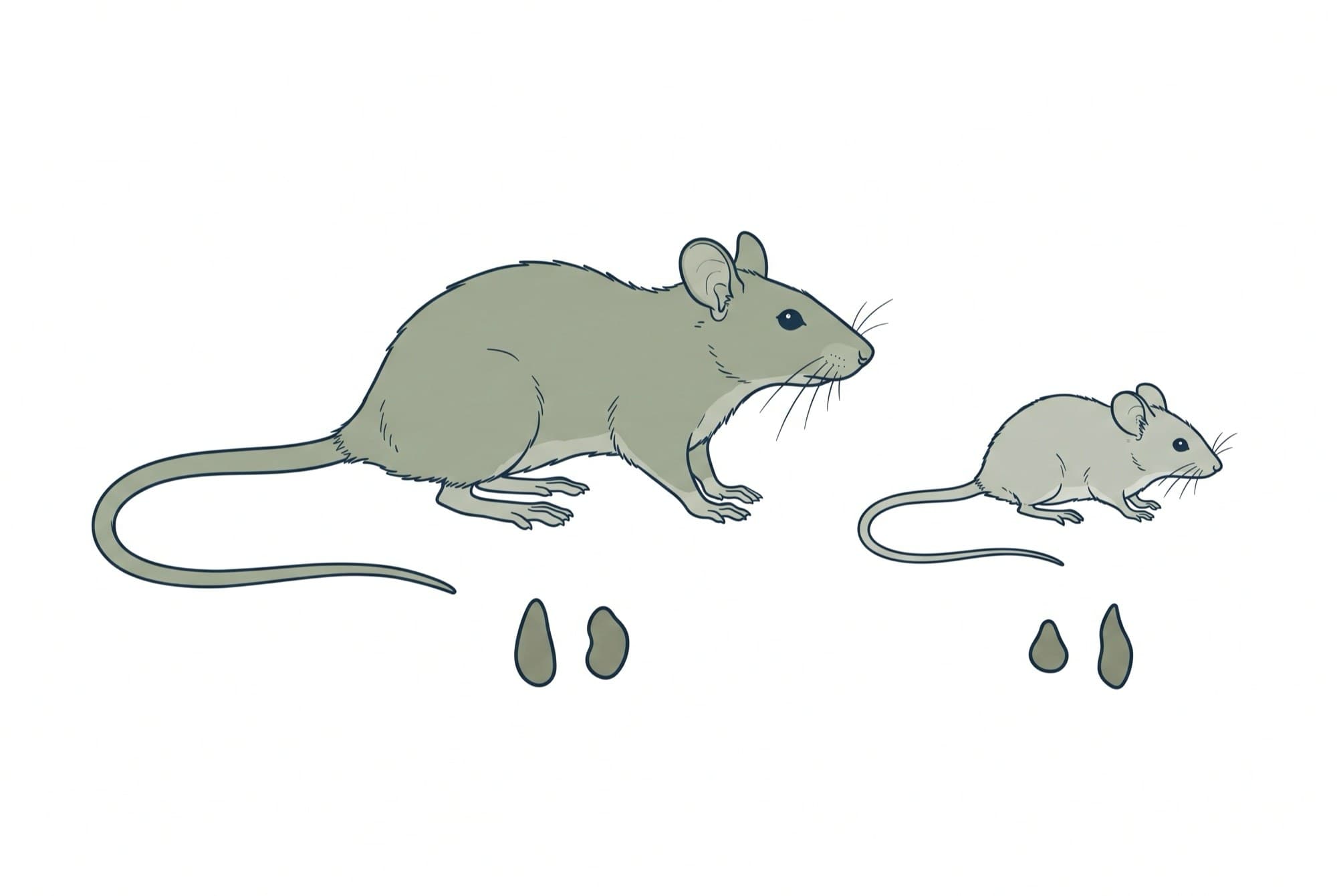 Field-guide drawing of a roof rat beside a house mouse with their droppings drawn to scale