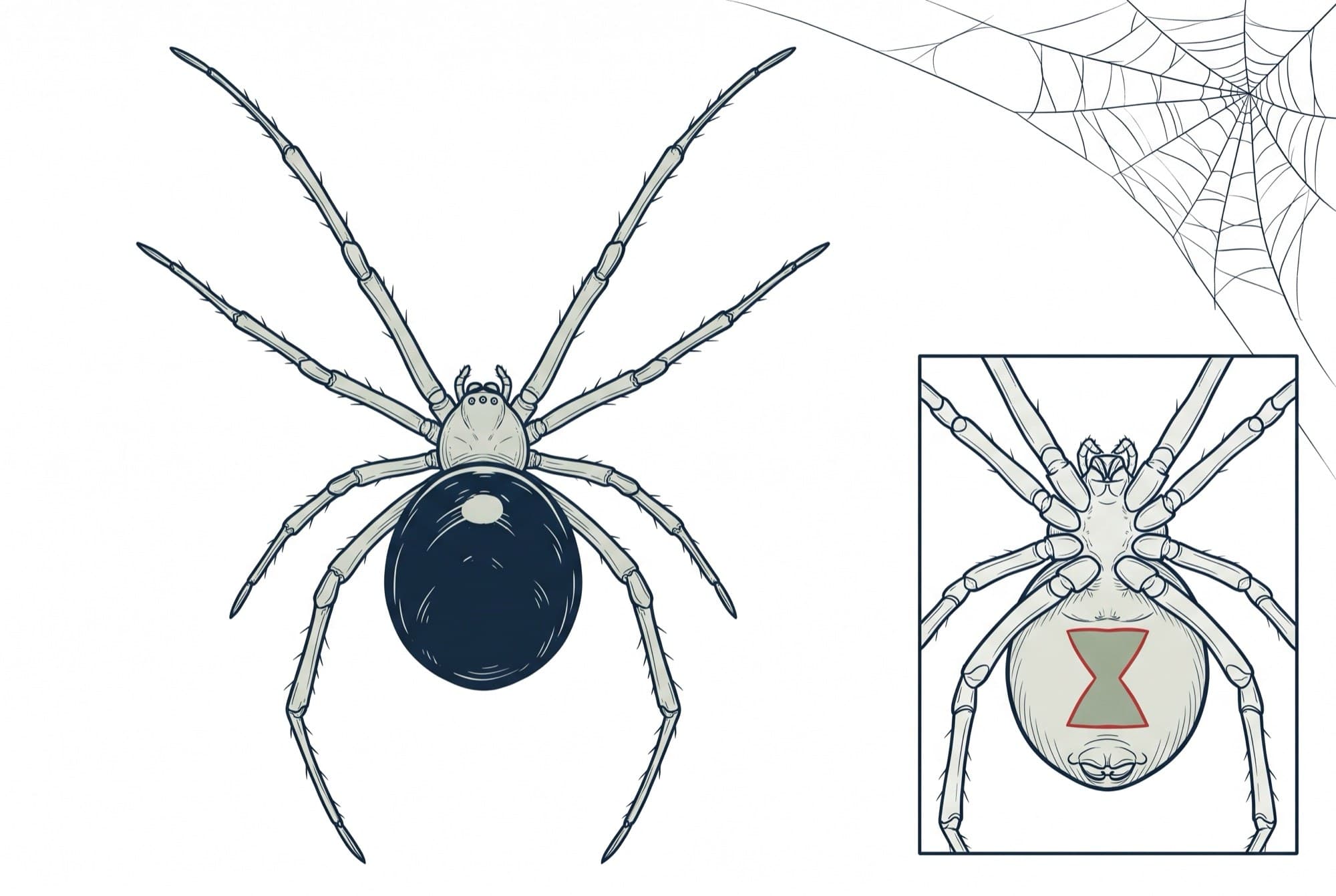 Field-guide drawing of a black widow from above with an inset of the hourglass marking and a tangled web