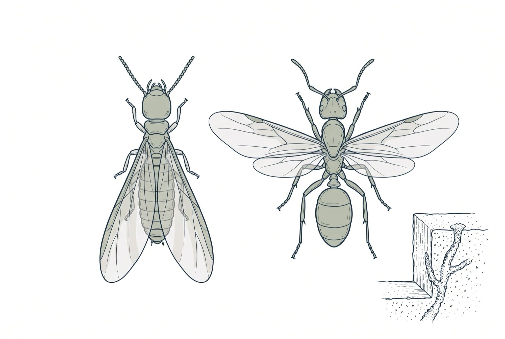 Field-guide drawing comparing a termite swarmer with a winged ant, and a mud tube on a foundation