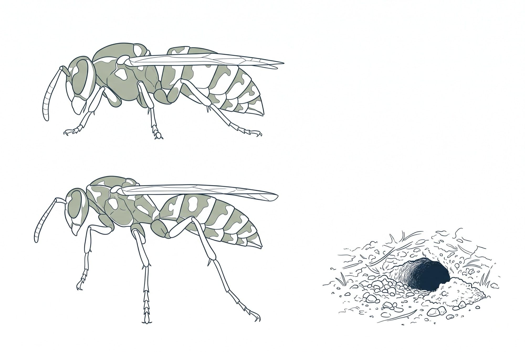 Field-guide drawing of a yellowjacket beside a paper wasp, with a ground-nest entrance