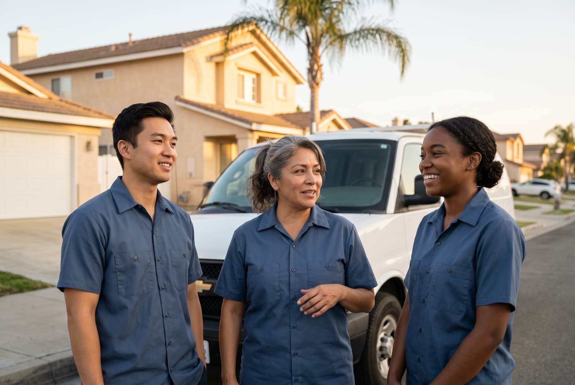 The three-person Shield Defense team standing in front of their service van on an Anaheim street