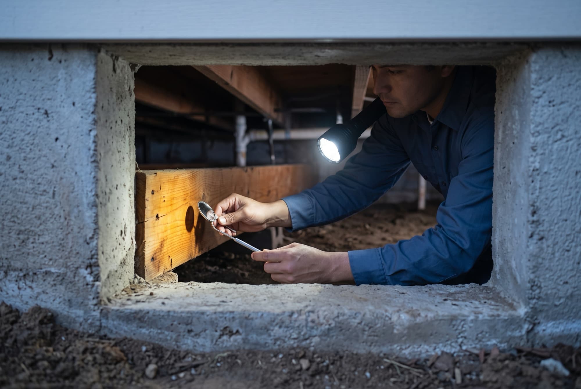 A technician at a crawlspace opening shining a flashlight on a floor joist
