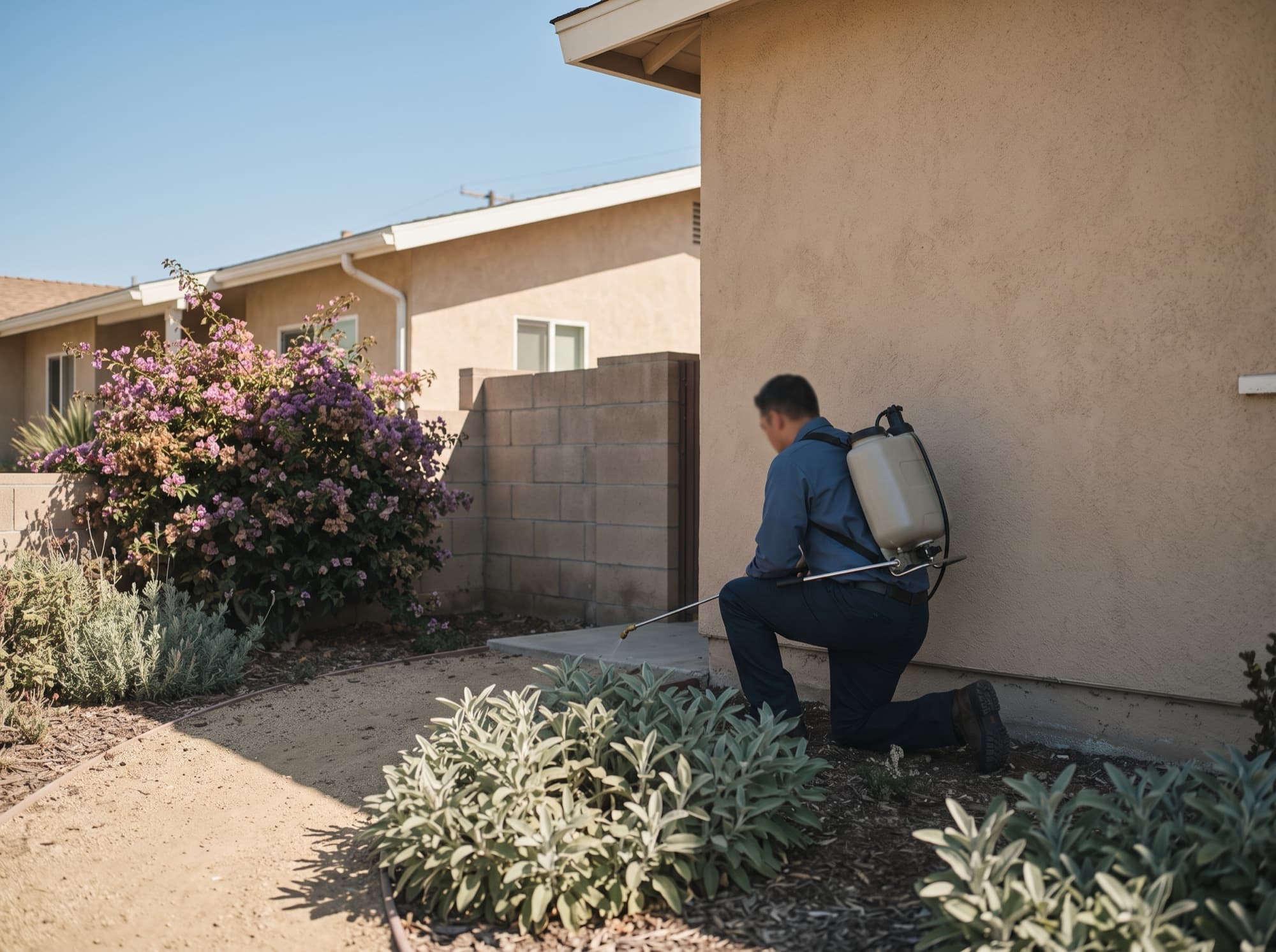 A Shield Defense technician kneeling at the foundation of a stucco home, treating the perimeter
